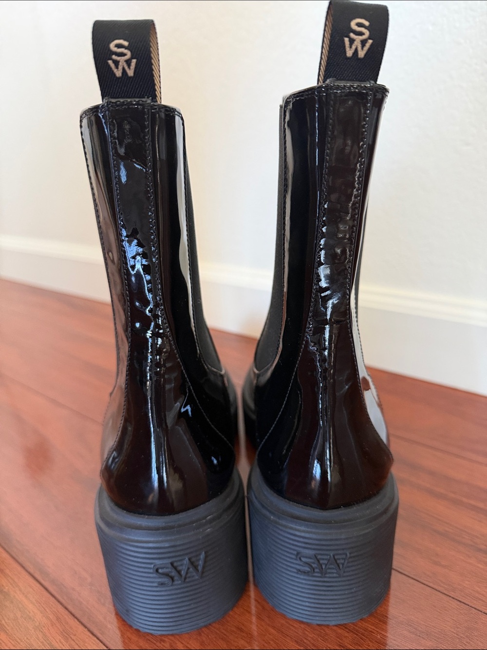 Stuart Weitzman Black Patent Soho Chelsea Ankle Boots